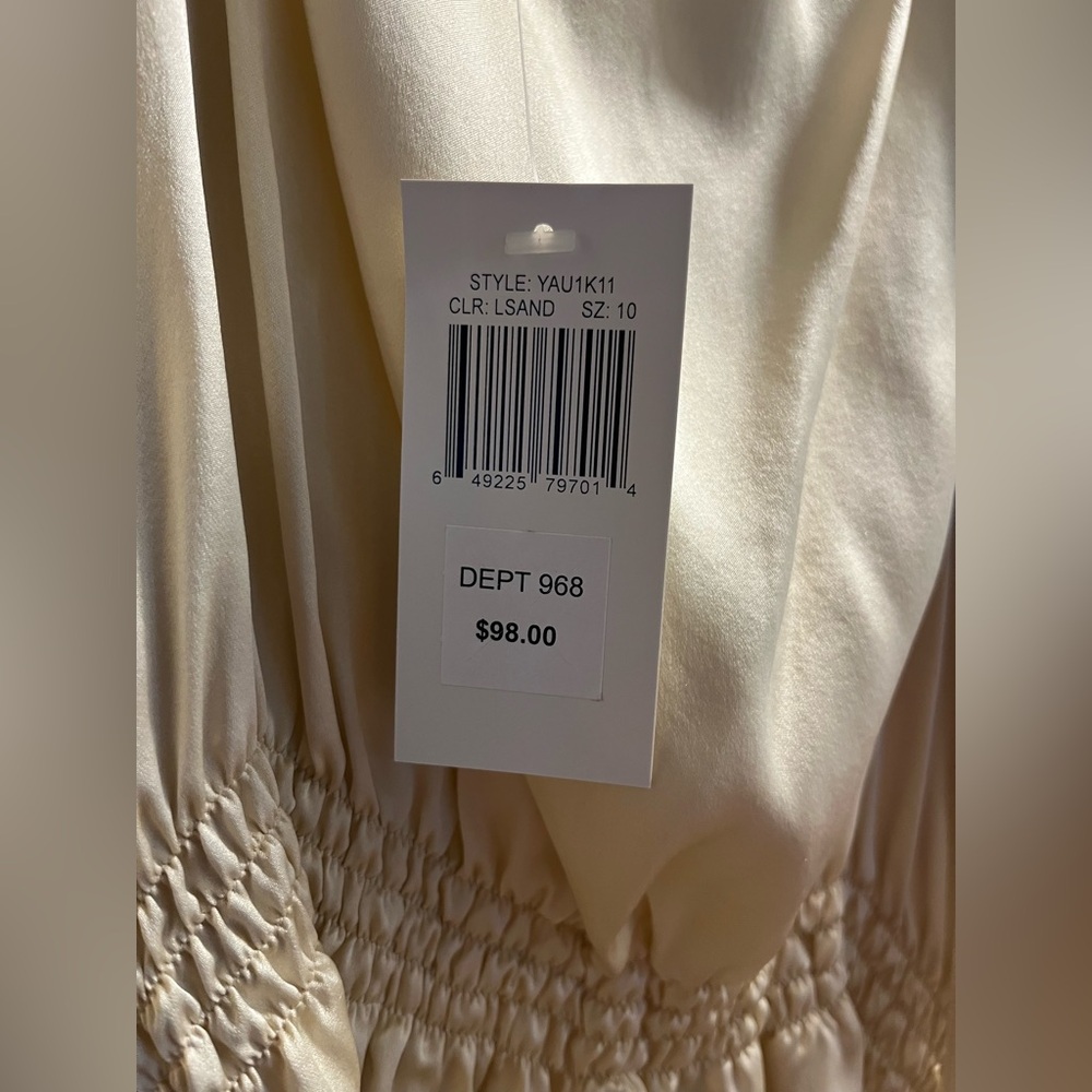 To the Max-tank blouse/tie waist/beige silk beaded rope straps/front. W size 10. - Picture 5 of 10